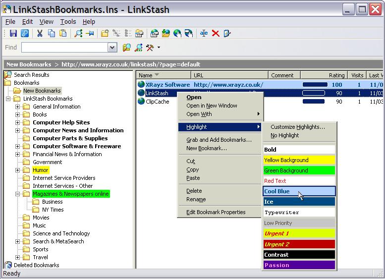 LinkStash Main Bookmarks window with the Highlights dialog overlay