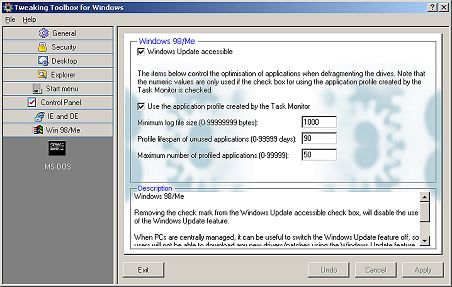 Tweaking Toolbox can adjust Windows 98/Me Defragmenting Settings