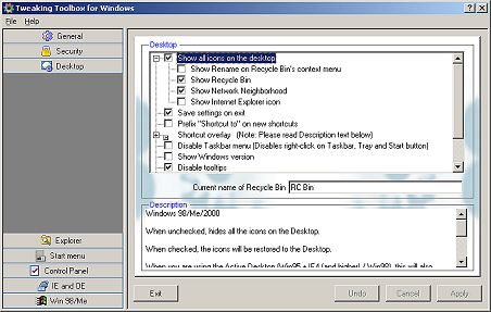 Tweaking Toolbox Changing Desktop Settings