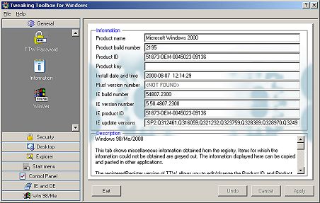 Tweaking Toolbox showing aditional information obtained from the registry