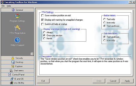 Tweaking Toolbox displaying its program Settings