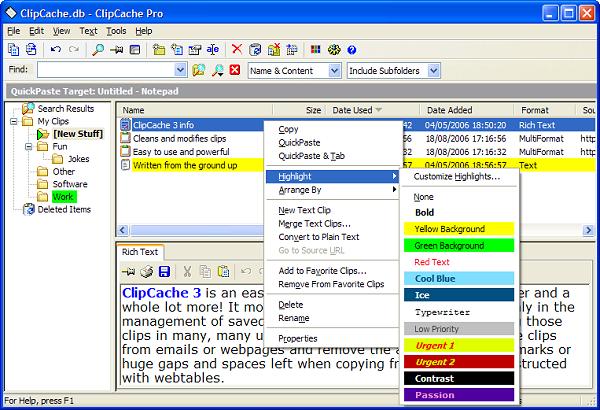 See full size ClipCache Pro main window screenshot with menus displayed
